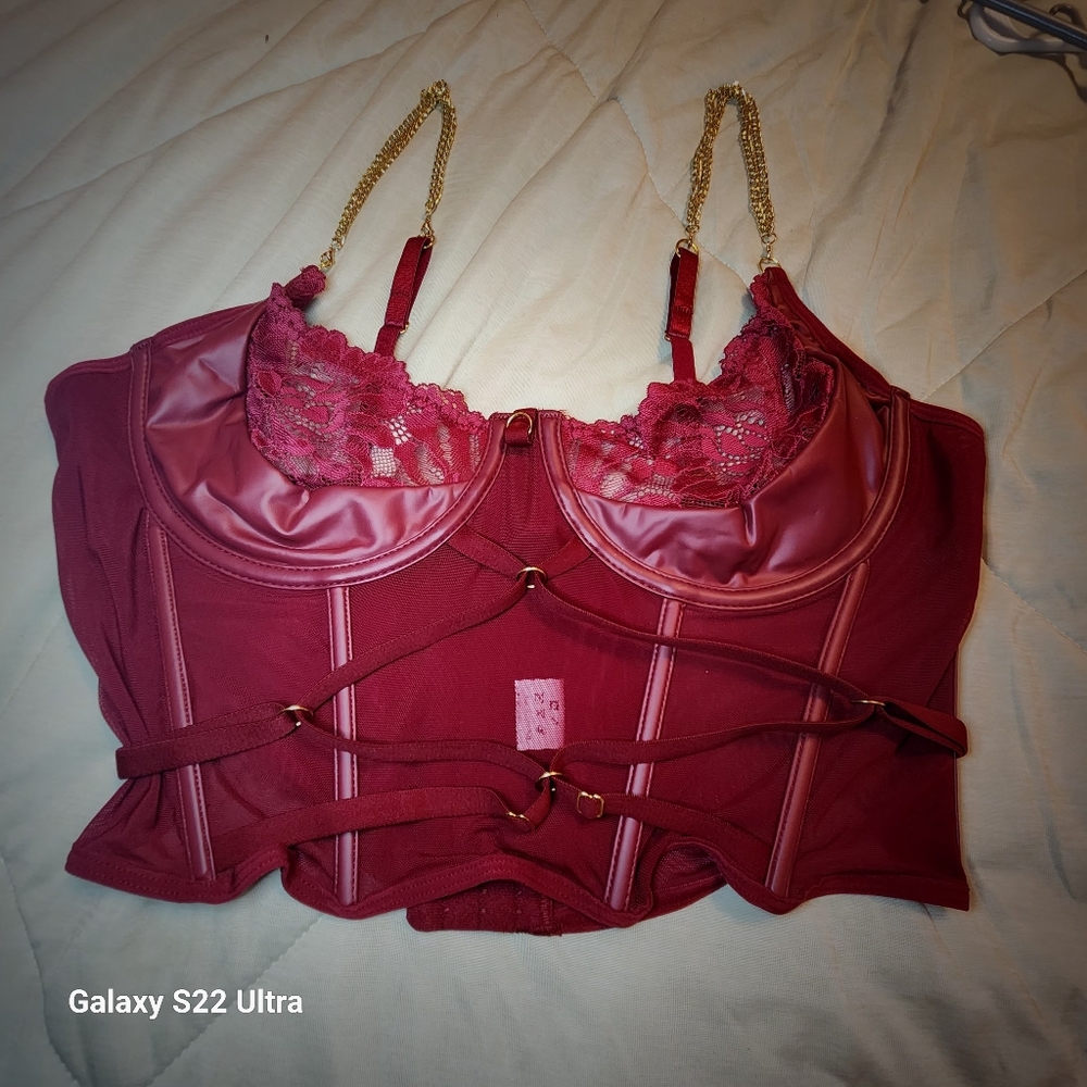 Elegant Burgundy Lace Leather Gold Shoulder Straps Corset Bustier Avidlove XL